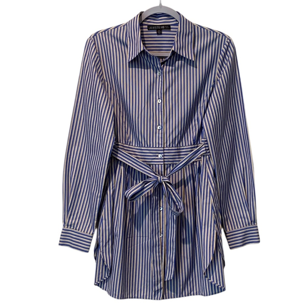 Lafayette 148 New York Blue and White Striped Tie-Waist Shirt Dress